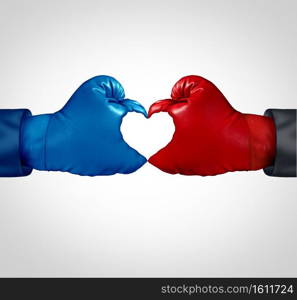 Competition love and competitor agreement business reconciliation or corporate arbitration and political bipartisanship concept or relationship success in a 3D illustration style.