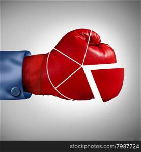 Competition market share loss business concept as a red boxing glove shaped as a financial pie chart diagram as a symbol for losing economic competitiveness.