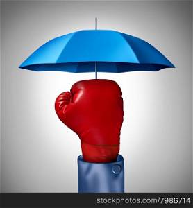 Competition protection business concept with a red boxing glove from a businessman with a blue umbrella symbol protecting as a defense and buffer safeguard for risk and financial uncertainty.