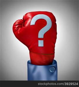 Competition questions as a business concept with a red boxing glove and a question mark stitched on the leather surface as a metaphor for strategy uncertainty and stress in choosing what industry or competitor to compete with.