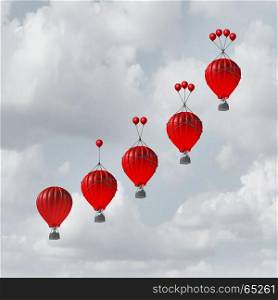 Competitive advantage increase concept as a group of rising hot air balloons with increasing amount of assistance to beat the competition as a business metaphor with 3D illustration elements.