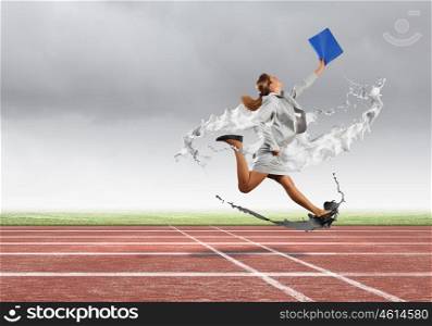 Competitive business. Businesswoman running in a hurry with folder in hand