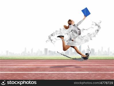 Competitive business. Businesswoman running in a hurry with folder in hand
