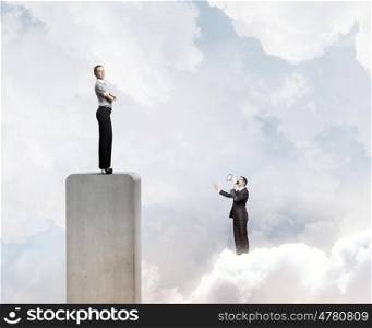 Competitive business. Businesswoman standing on top of bar and businessman screaming in megaphone