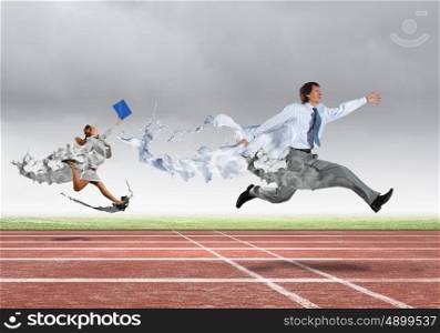 Competitive business. Funny image of young businesspeople running at stadium
