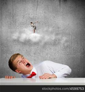 Competitive concept. Businessman screaming at businesswoman standing on cloud