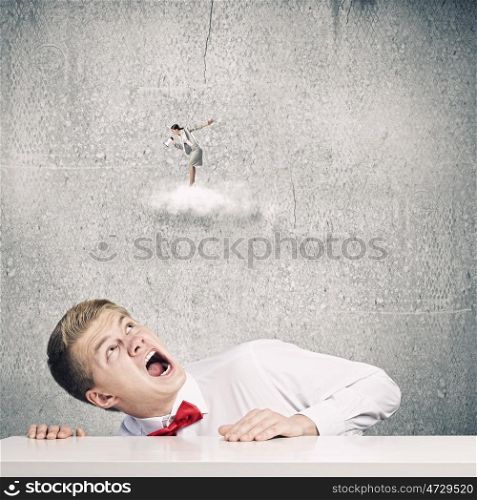 Competitive concept. Businessman screaming at businesswoman standing on cloud