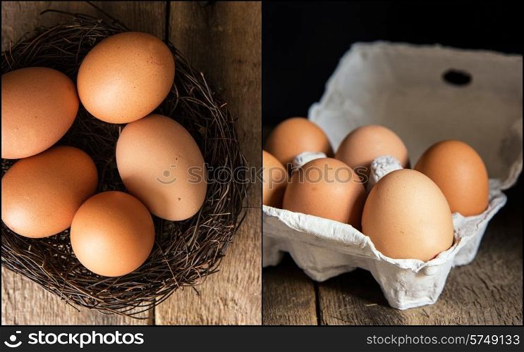 Compilation of fresh eggs images in moody natural lighting setting with vintage style