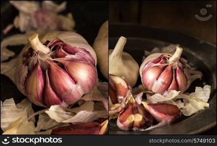 Compilation of Fresh raw garlic in moody natural lighting set up with vintage style