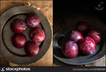 Compilation of images fresh plums in moody natural lighting set up with vintage style