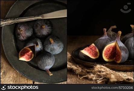 Compilation of images of Fresh figs in moody vintage style moody natural lighting set up. food, fresh, raw, fruit, vegetables, wood, wooden, background, grunge, retro, vintage, moody, dark,