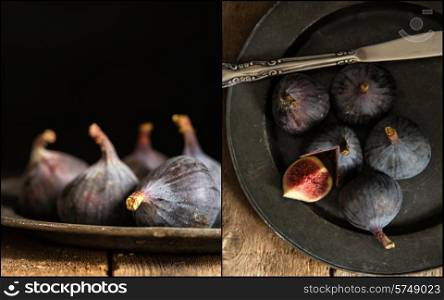 Compilation of images of Fresh figs in moody vintage style moody natural lighting set up
