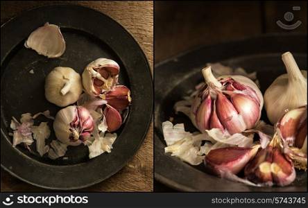 Compilation of images of Fresh raw garlic in moody natural lighting set up with vintage style