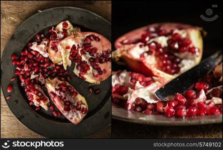 Compilation of pomegranate images in moody natural light set up with vintage style