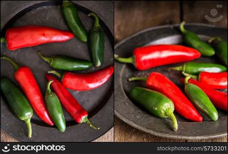 Compilation of red and green peppers images with moody vintage natural lighting. food, fresh, raw, fruit, vegetables, wood, wooden, background, grunge, retro, vintage, moody, dark,
