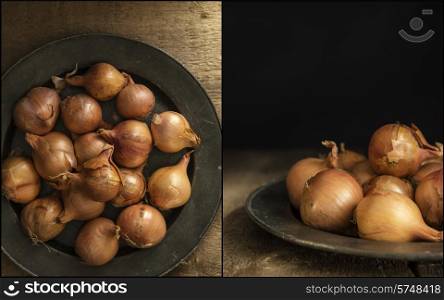 Compilation of shallots images with moody natural light vintage style