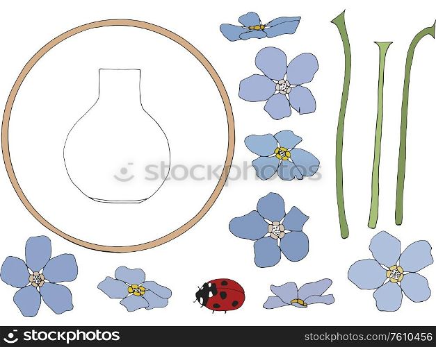 Compilation of violet flowers, ladybug, pot and circle shape for DIY or collage project - Elements isolated over white background