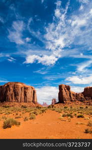 Complementary colours blue and orange in this iconic view of Monument Valley, USA