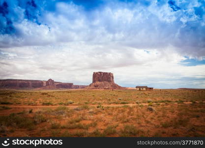 Complementary colours blue and orange in this iconic view of Monument Valley, USA