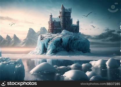Completely frozen old castle and cold winter landscape with icebergs around created by generative AI