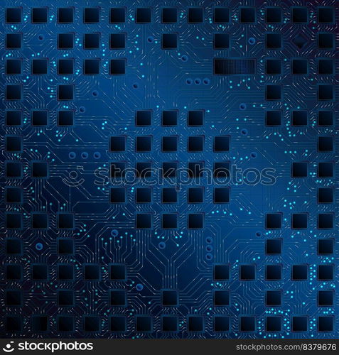 Complex circuit board with several square chips connected by blue lines where the information moves on a dark blue background