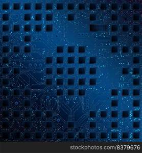 Complex circuit board with several square chips connected by blue lines where the information moves on a dark blue background