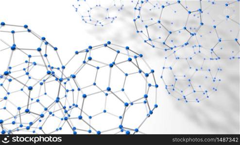 Complex structure formed by tubes and blue spheres as molecules forming hexagons with depth of field on white background. 3D illustration