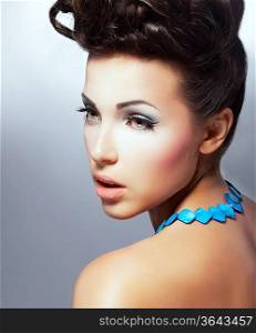 Complexion. Profile of Fascinating Delightful Brunette with Natural Makeup. Refinement
