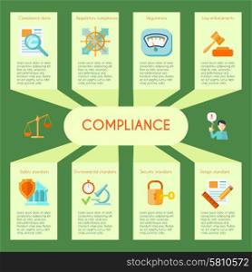 Compliance infographics set with law protection and deal security symbols vector illustration. Compliance Infographics Set