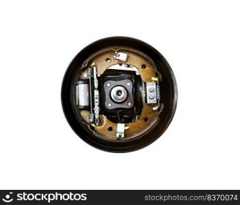 Component inside the automotive brake drum without a cover , isolated object on white background with clipping path