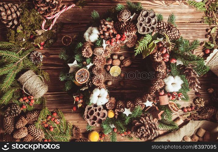 Components for making natural eco wreath with Christmas aroma. Nature wreath making
