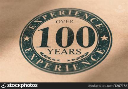 Composite Image between a stamp drawing and a brown paper photography. Rubber stamp label of a very old company with over 100 years of experience. Concept of business longevity.. Old Company Label, Over 100 Years of Experience in Business.