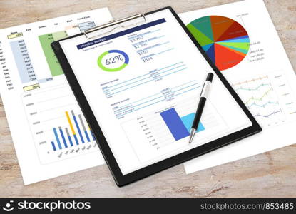 Composite image of business analytics in the office - pen and clipboard with printouts of digital data and charts on the desk.