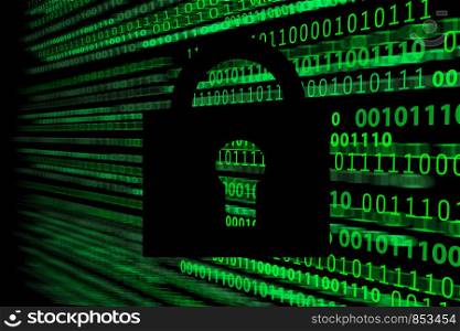 Composite image of digital security and cryptology system - closed padlock on the background of blurred motion binary digits.