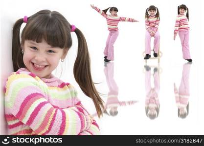 Composite of a beautiful seven year old girl in bright pink sweater and pants.
