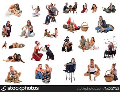 composite picture with people and dogs on a white background