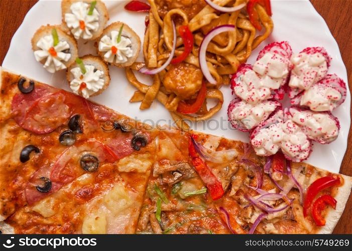 composition at plate by pizza and sushi for fast food illustration . pizza and sushi f