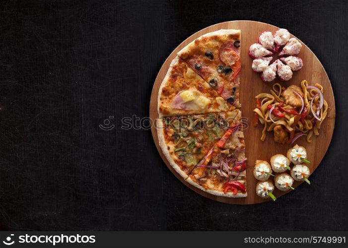 composition at plate by pizza and sushi for fast food illustration . pizza and sushi f