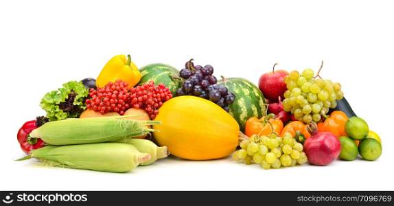 Composition fresh ripe fruits and vegetables isolated on white. Free space for text.