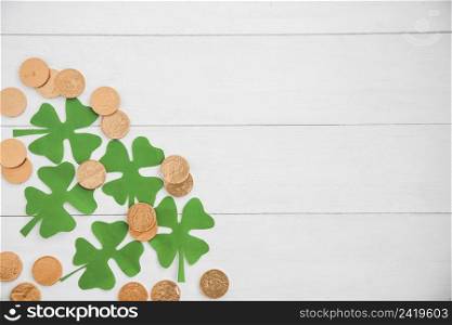composition heap coins green paper clovers board