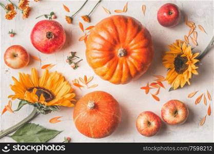 Composition made with pumpkins, sunflowers and apples on white rustic background. Top view