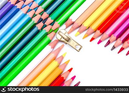 Composition of color pencil forming a zipper. Color Pencils