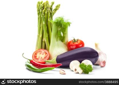 Composition of fresh vegetables over white isolated background