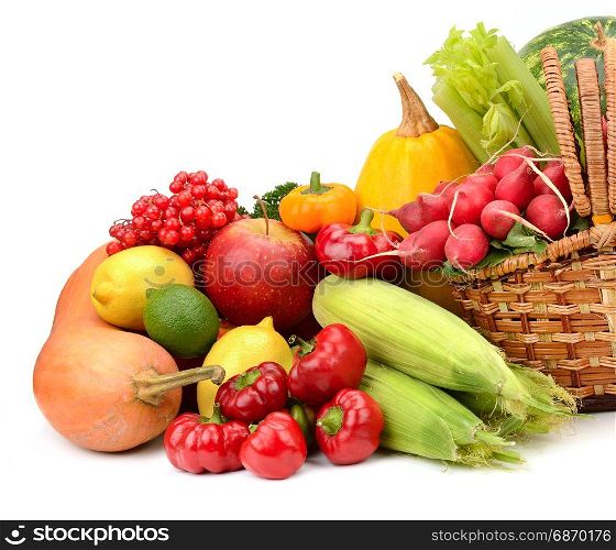 composition of fruits and vegetables in basket isolated on white