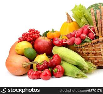 composition of fruits and vegetables in basket isolated on white