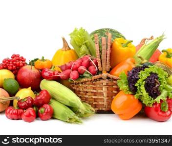 composition of fruits and vegetables in basket on white