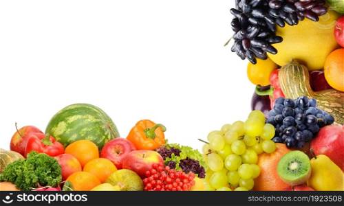 Composition of fruits and vegetables isolated on white background. Nice frame with free space for text. Collage.