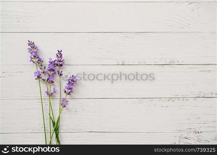 Composition of lavender on wooden background. Fresh summer flowers. Free space. Composition of lavender on white wooden background. Fresh summer flowers. Free space