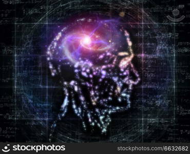 Composition of outlines of human head, technological and fractal elements on the subject of artificial intelligence, computer science and future technologies