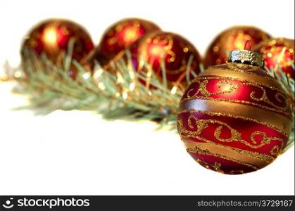 Composition of red Christmas balls with golden pattern